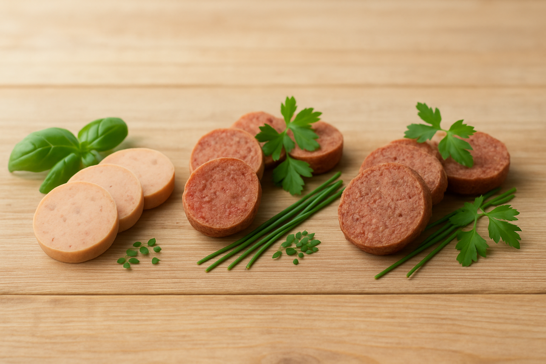 Verschiedenfarbige Scheiben Hundewurst dekorativ angerichtet auf hellem Holzuntergrund, garniert mit frischen Kräutern wie Petersilie, Schnittlauch und Basilikum.