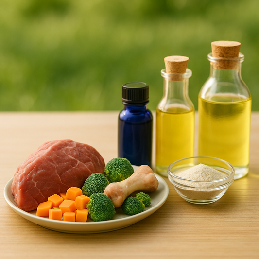 Teller mit rohem Fleisch, Brokkoli, Karotten und Knochen neben Fläschchen mit Ölen und einer Glasschale mit Pulver – alles auf hellem Holztisch im Freien arrangiert.