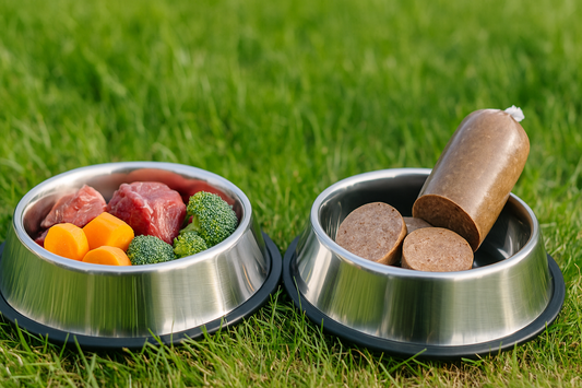 Zwei Edelstahlnäpfe mit Hundefutter auf grüner Wiese: einer gefüllt mit rohem Fleisch, Karotten und Brokkoli, der andere mit geschnittener Hundewurst – nebeneinander arrangiert bei Tageslicht.