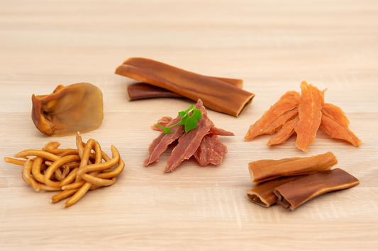 Verschiedene natürliche Kausnacks für Hunde auf hellem Holztisch, darunter Rinderhautstreifen, Hühnerbruststreifen, Rinderohr, Kaustangen und getrocknete Fleischstreifen.