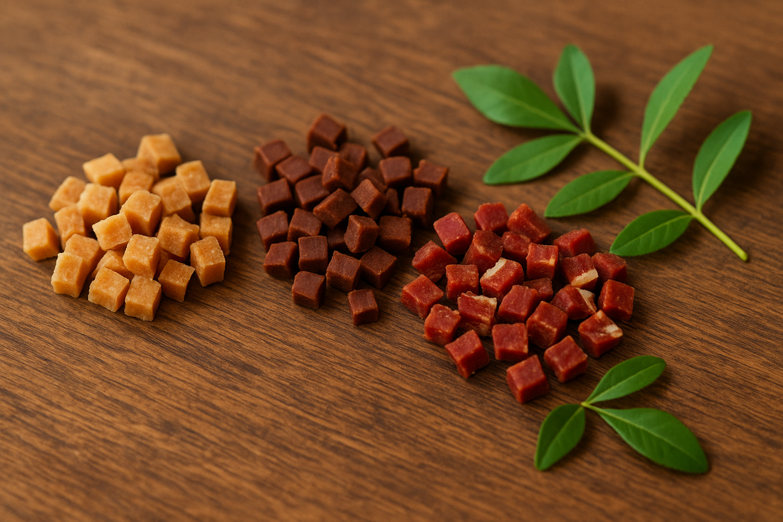 Drei Sorten natürlicher Hundeleckerlis in kleinen Würfeln – beige, dunkelbraun und rötlich – dekorativ auf Holztisch mit grünen Blättern arrangiert.