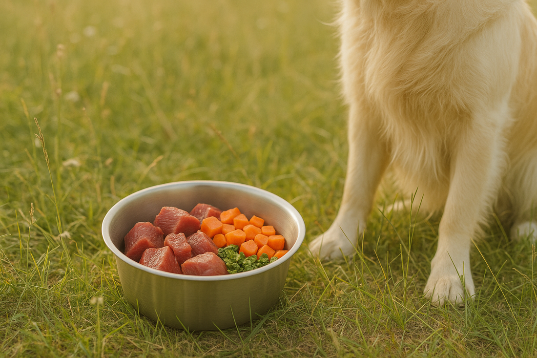 Edelstahl-Hundenapf mit rohem Fleisch, Karotten und Gemüse auf einer sonnigen Wiese, neben einem sitzenden Golden Retriever – natürlich und frisch präsentiert.
