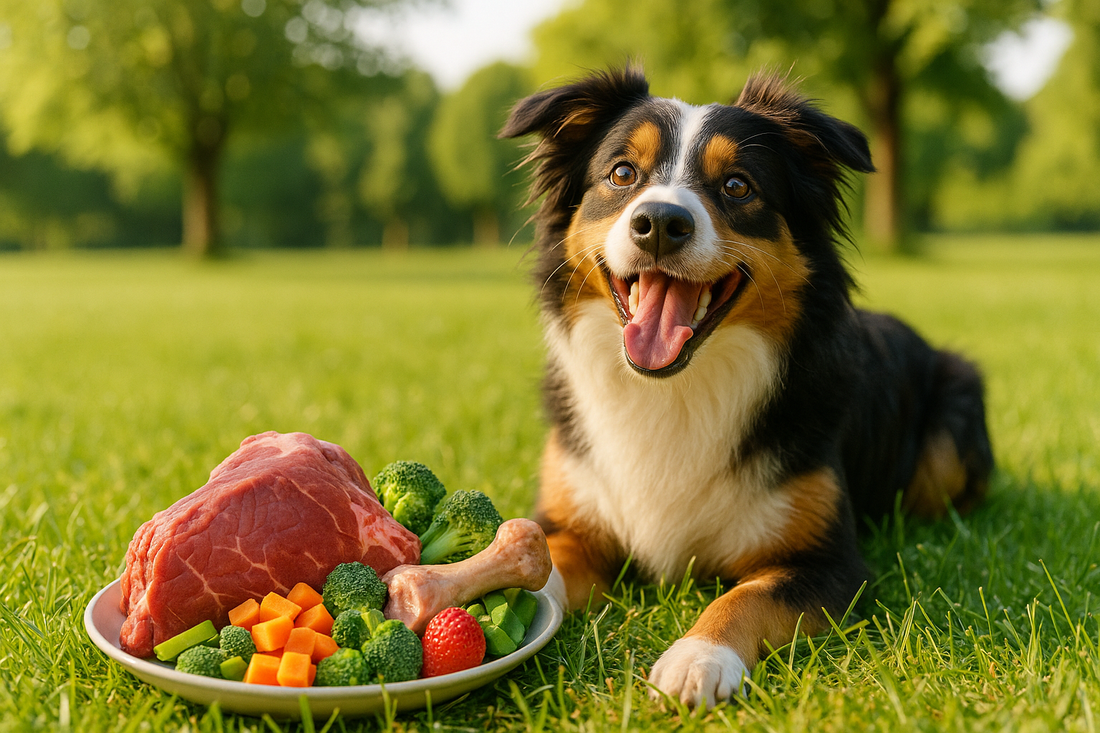 Glücklicher Hund liegt auf einer Wiese neben einem Teller mit rohem Fleisch, Knochen, Brokkoli, Karotten, Erdbeere und anderen frischen Zutaten – Symbol für natürliche Hundeernährung im Freien.